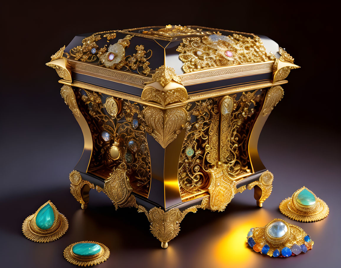 Golden filigree casket with gemstones & matching eggs on reflective surface