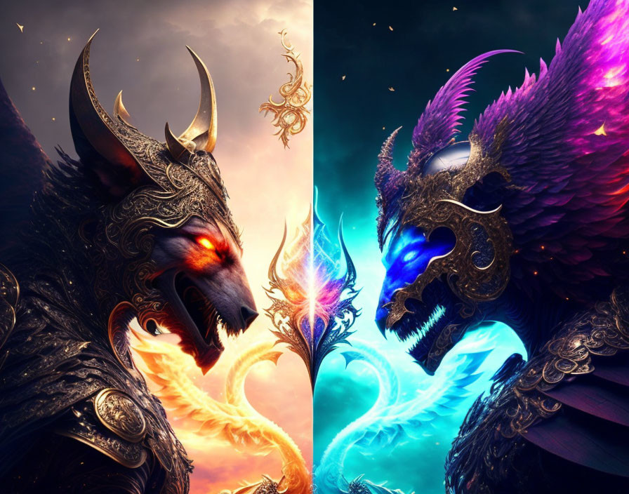 Mythical beasts in fiery and icy armor clash with elemental powers in cosmic scene