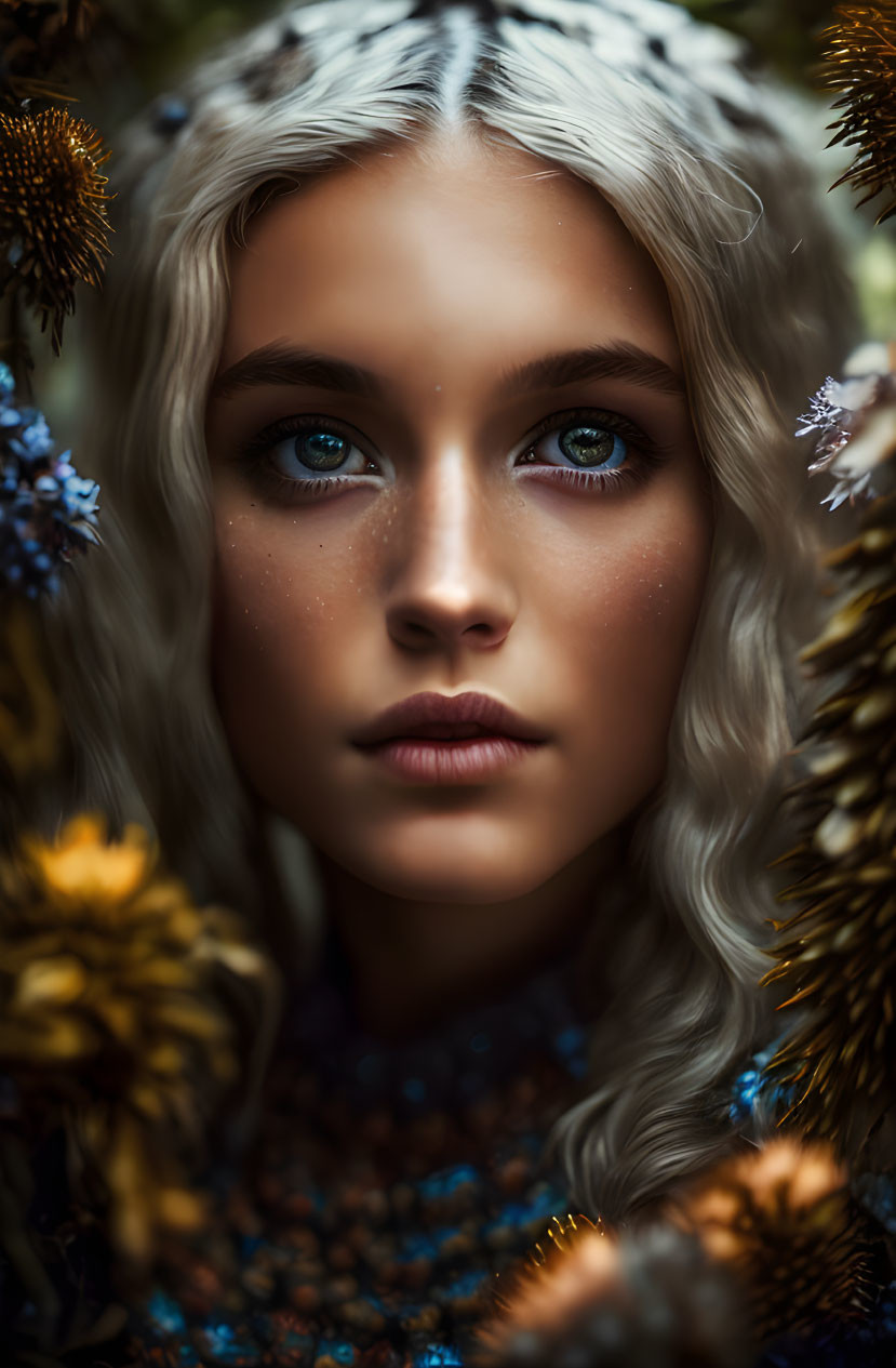 Portrait of Woman with Striking Blue Eyes and Golden Floral Frame