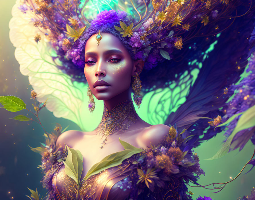 Ethereal woman with floral crown in magical purple background