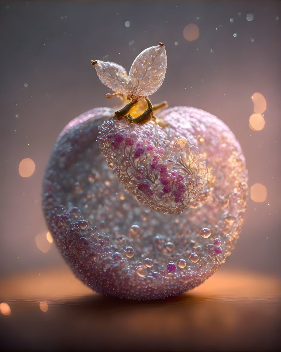 Bejeweled strawberry with translucent wings and water droplets on soft background