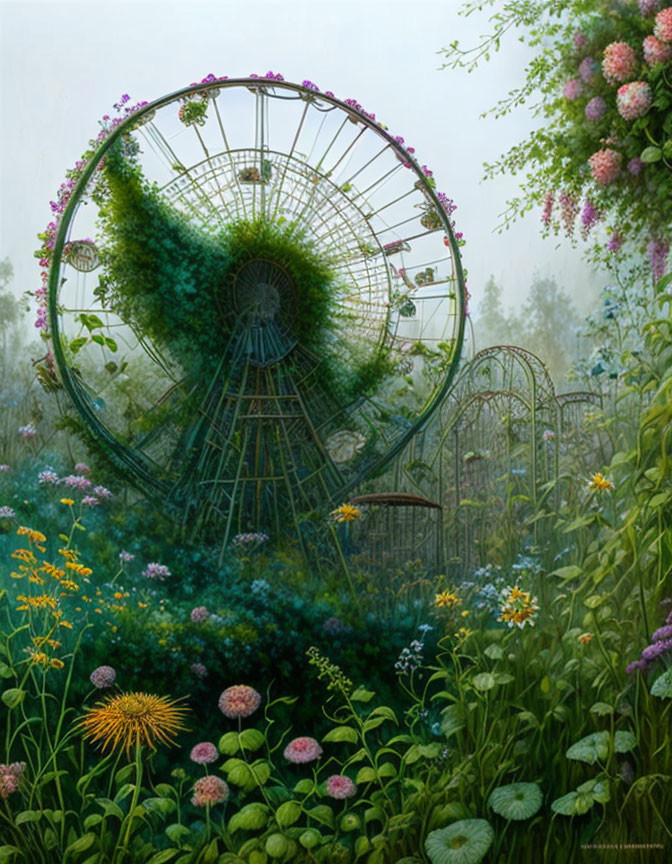 Lush garden with vibrant flowers, overgrown Ferris wheel, ornate gates in misty background