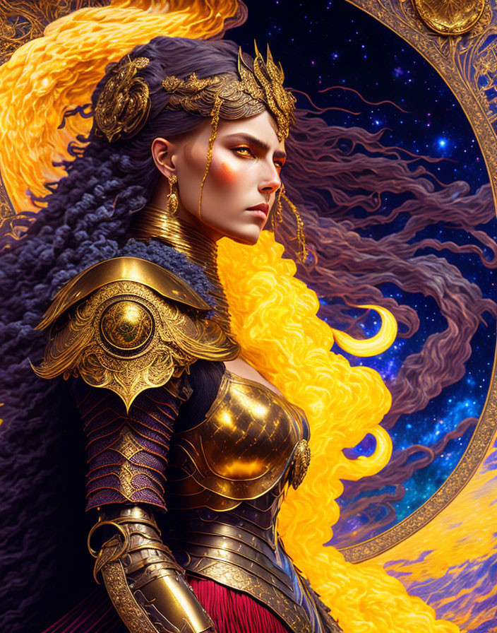 Regal woman in golden armor against cosmic backdrop