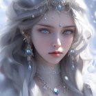 Portrait of a young woman with blue eyes in star-lit hood and jeweled headpiece