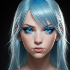 Digital artwork: Woman with blue eyes, iridescent makeup, silver hair, beads, sequins