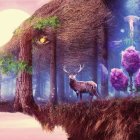 Colorful surreal landscape with stag, bird, and moon