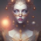 Portrait of woman with blue eyes in cosmic light and golden particles