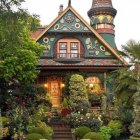 Victorian-style house with lush gardens and stained-glass windows