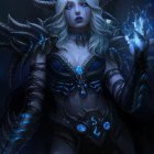 Blonde woman in dark dress with mystical blue glow and floating particles