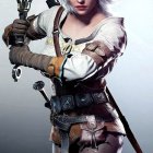 White-haired woman in steampunk attire with gun in misty setting