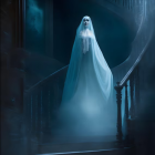 Eerie spectral figure on dimly lit staircase with blue glow