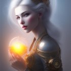 Digital artwork: Woman with star-like speckles, holding glowing orb, cosmic-themed bokeh background