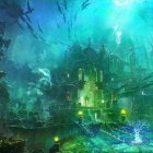 Ethereal underwater city with glowing structures and rock formations