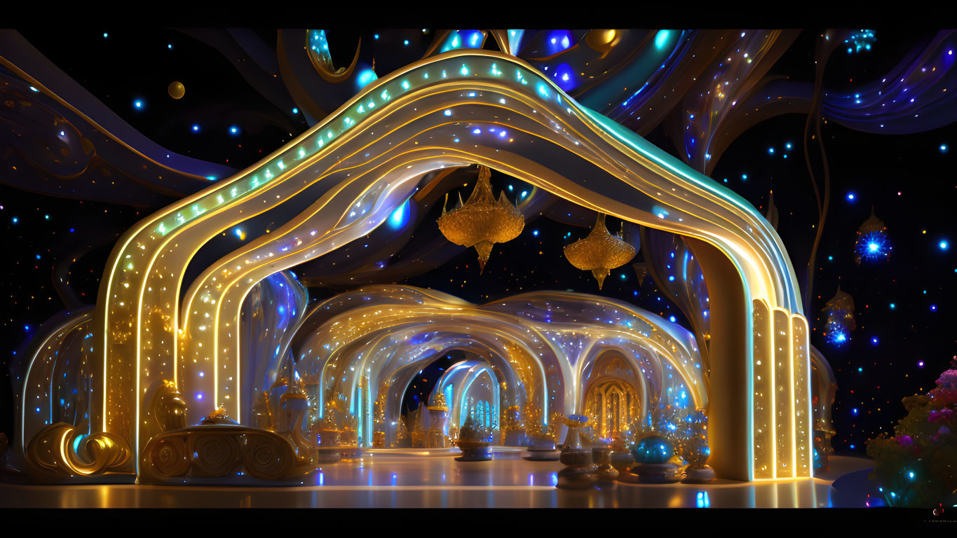 Luminous interior with golden arches and starry backdrop