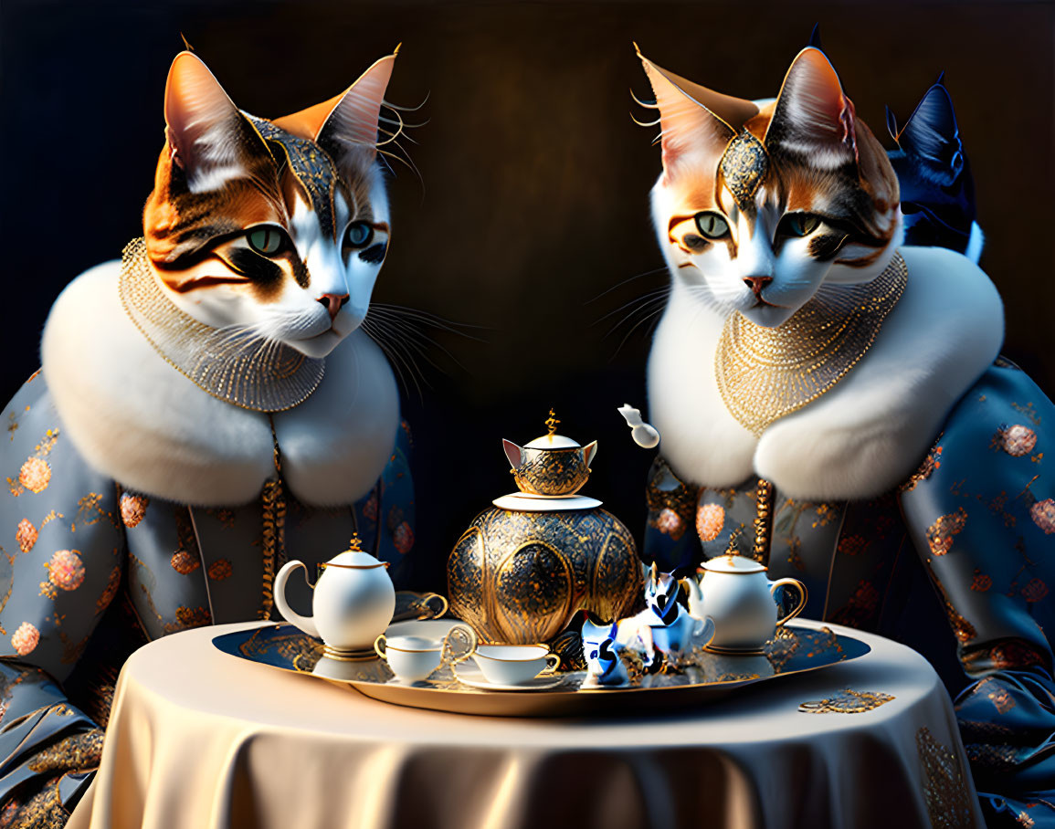 Regal cats in human attire at ornate tea table