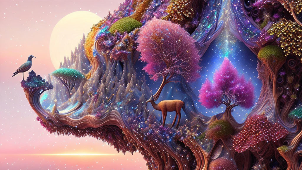 Colorful surreal landscape with stag, bird, and moon