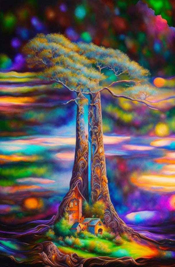 Surreal painting of towering tree with whimsical house against colorful sky