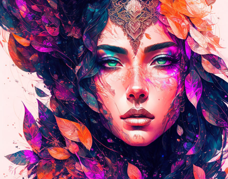 Colorful digital portrait of woman with decorative headpiece and leaf-like patterns