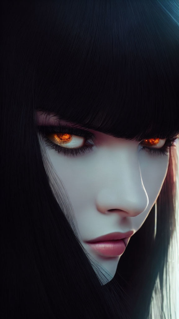 Close-Up Portrait: Striking Orange Eyes, Black Hair, Pale Skin