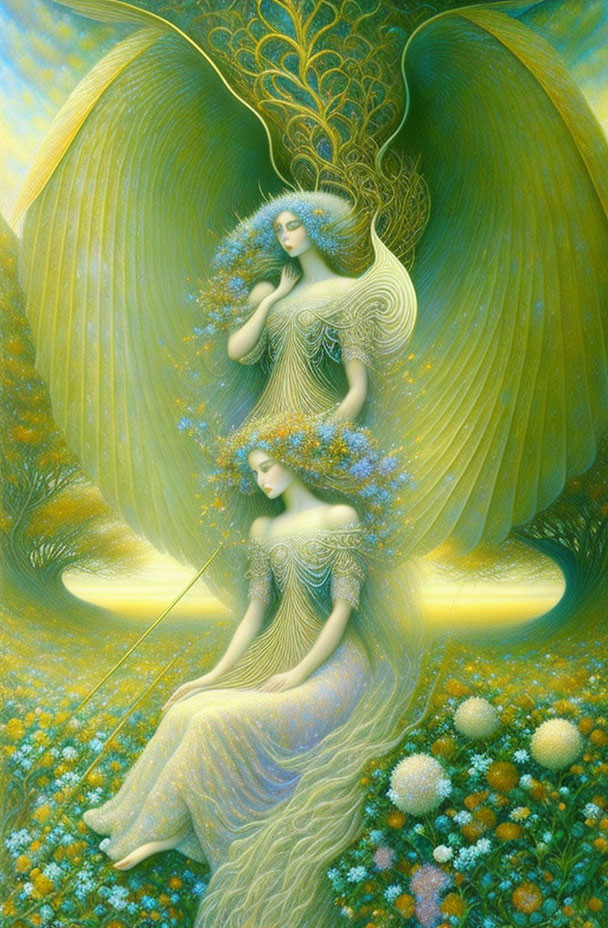 Golden-winged angelic figures in ethereal landscape with blue flowers