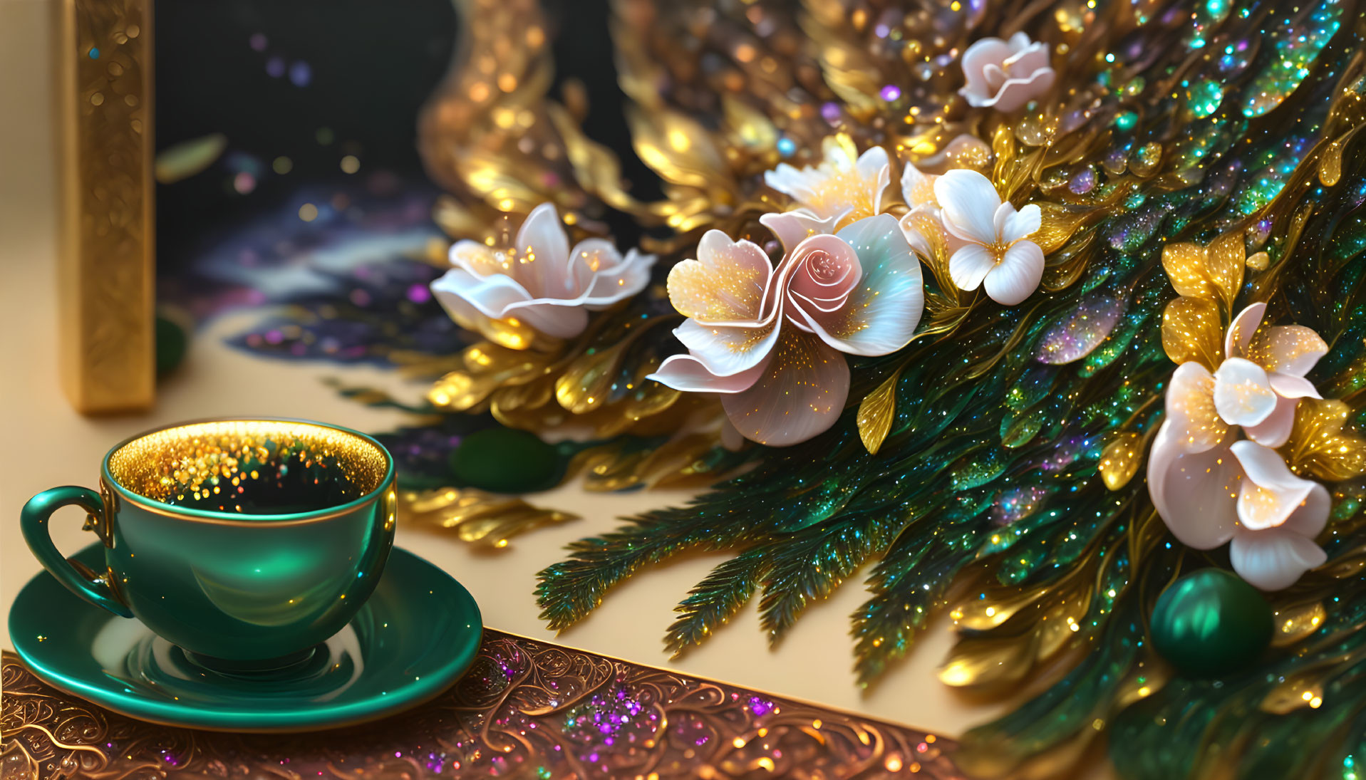 Emerald Cup on Glittery Saucer with Ornamental Peacock Tail