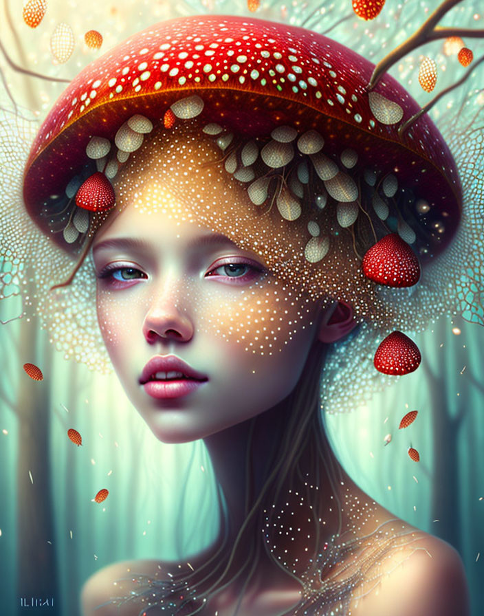 Fantastical portrait of girl with mushroom cap hat and floating seeds.