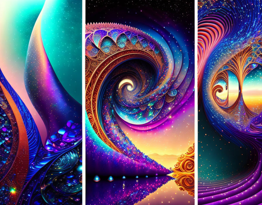 Vibrant psychedelic triptych: intricate fractal patterns, cosmic galaxies.