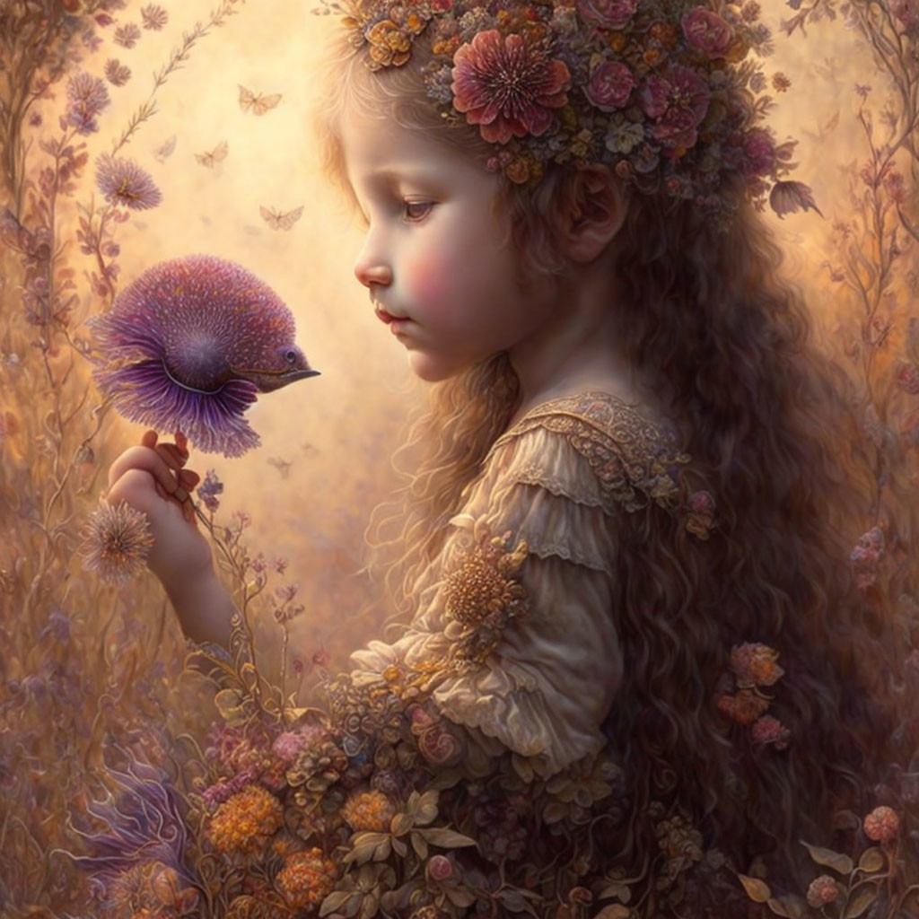 Young girl with floral crown admires purple flower in golden, flower-filled setting