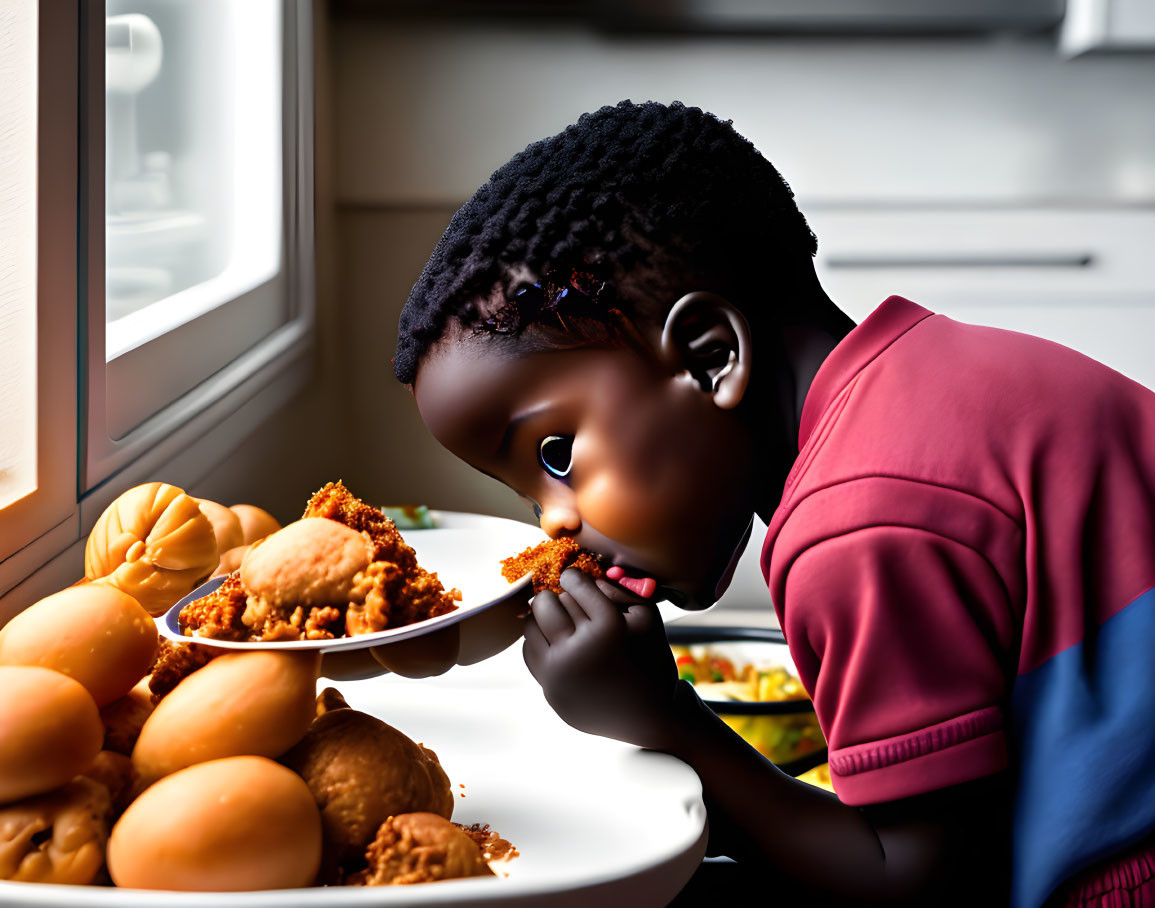 Young child tasting diverse food on plate with meat, vegetables, and bread