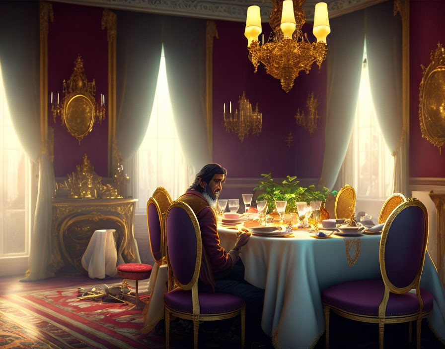 Man Alone at Opulent Dining Table in Luxurious Room