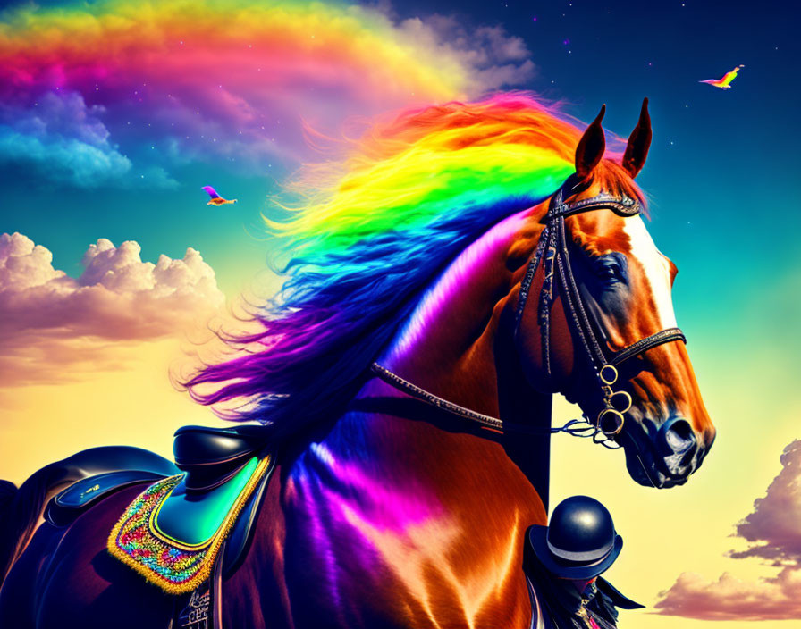 Majestic horse with vibrant rainbow mane in surreal sky