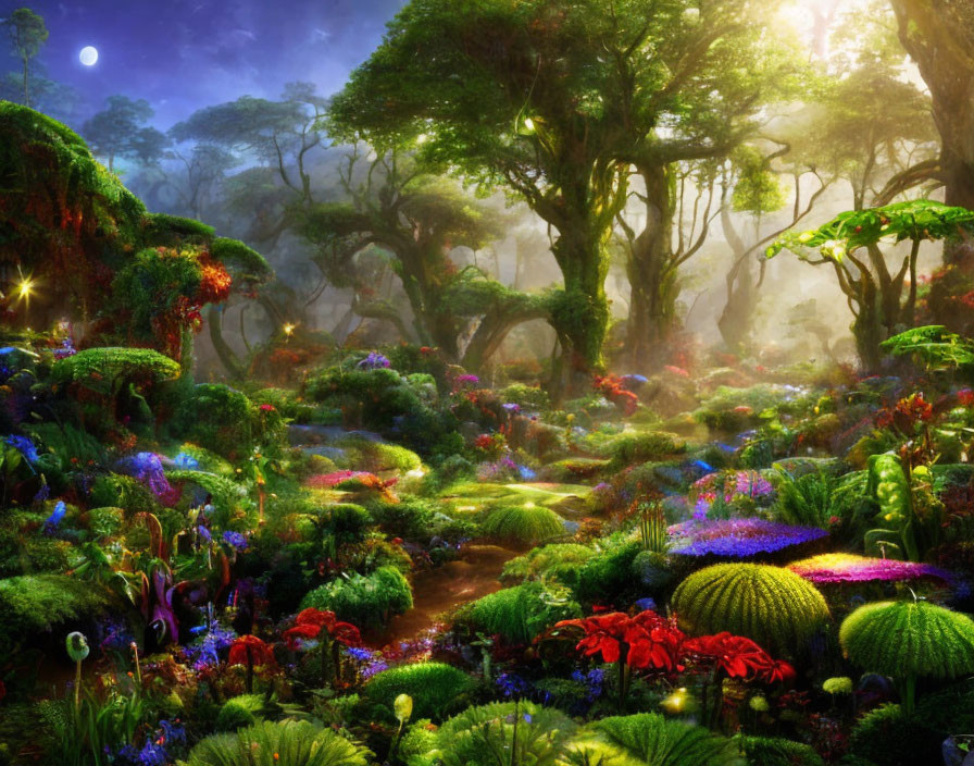 Vibrant fantasy forest with colorful plants under twilight sky