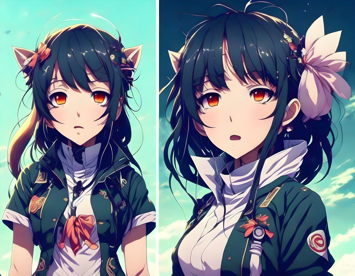 Anime girl with black hair, cat ears, amber eyes, green and white outfit with tie and flower