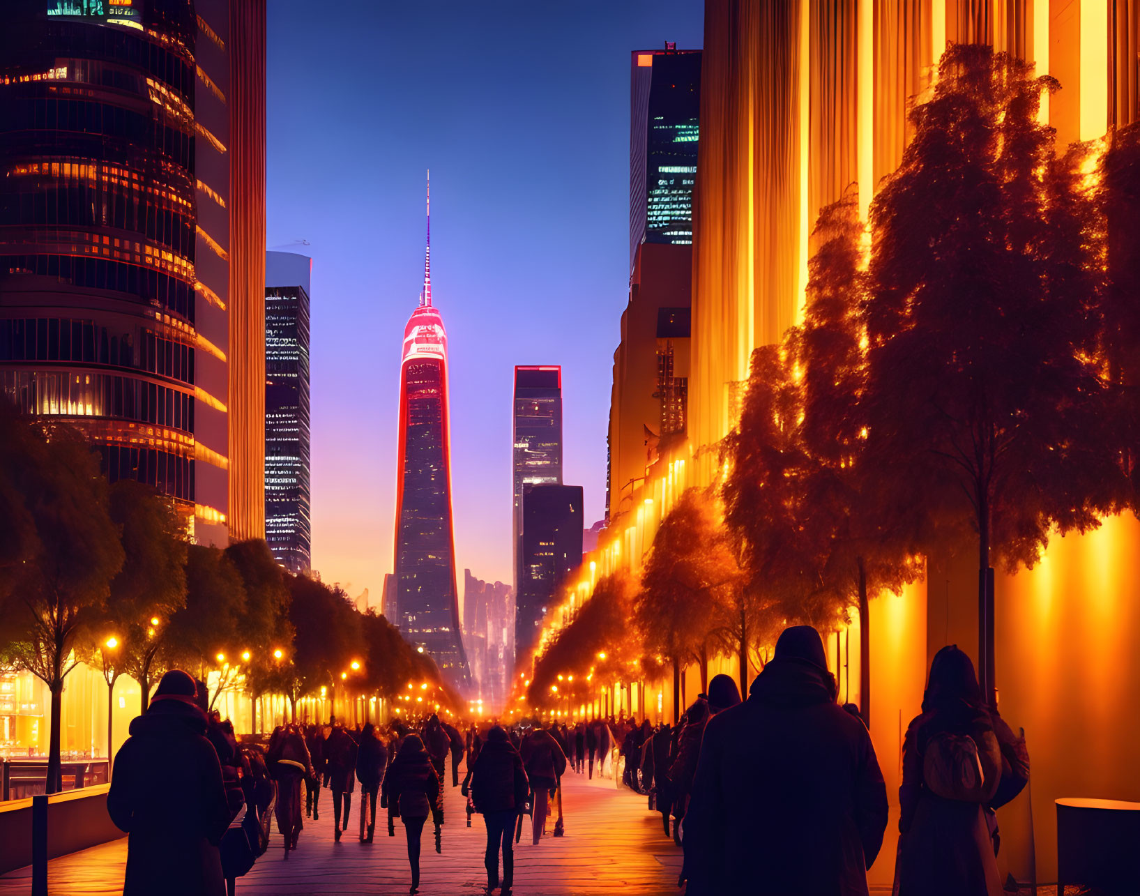 Dusk cityscape with illuminated skyscrapers and people walking under warm tree glows