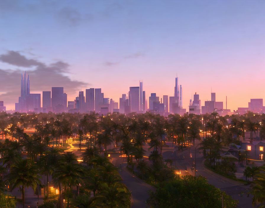 City skyline at sunrise with tall buildings and palm tree-lined streets.