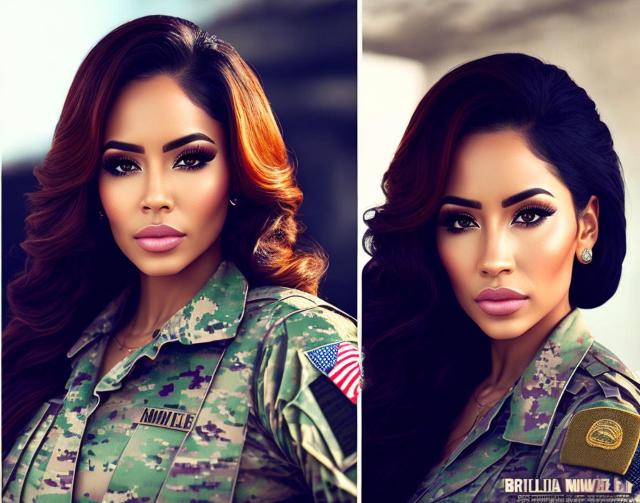 Side-by-side portrait of woman in military camouflage with enhanced makeup and hairstyle