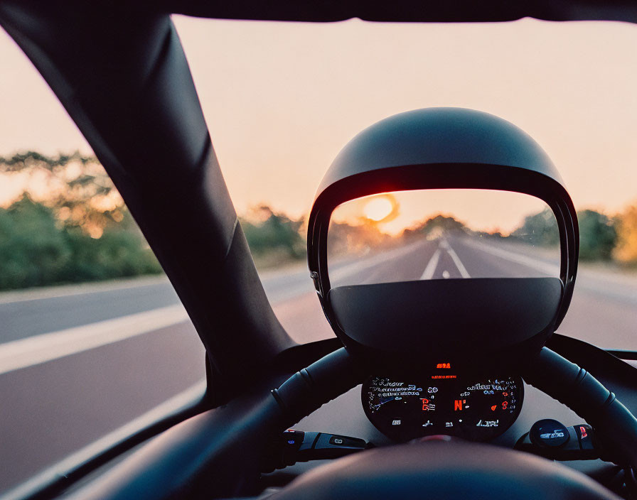 Sunset motorcycle ride: Helmet on tank, road through visor.