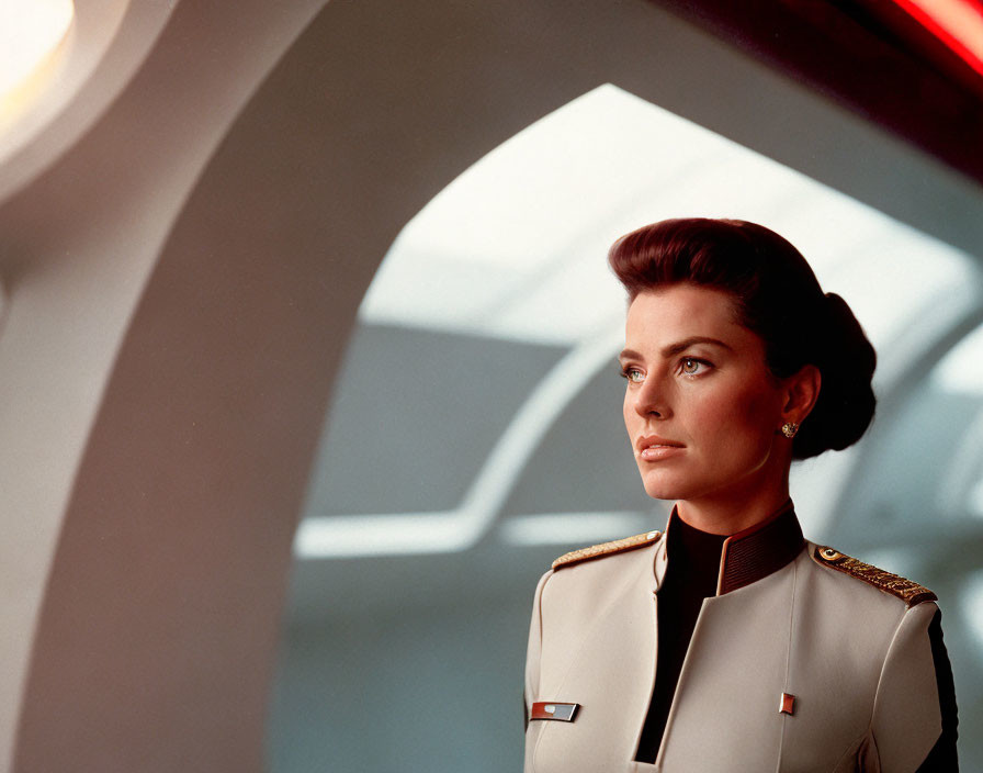 Futuristic military woman in spacecraft with red-lit window