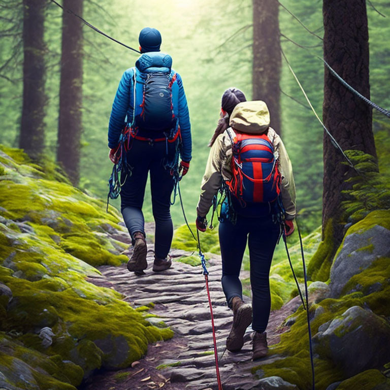 Hikers with backpacks and trekking poles on mossy forest path