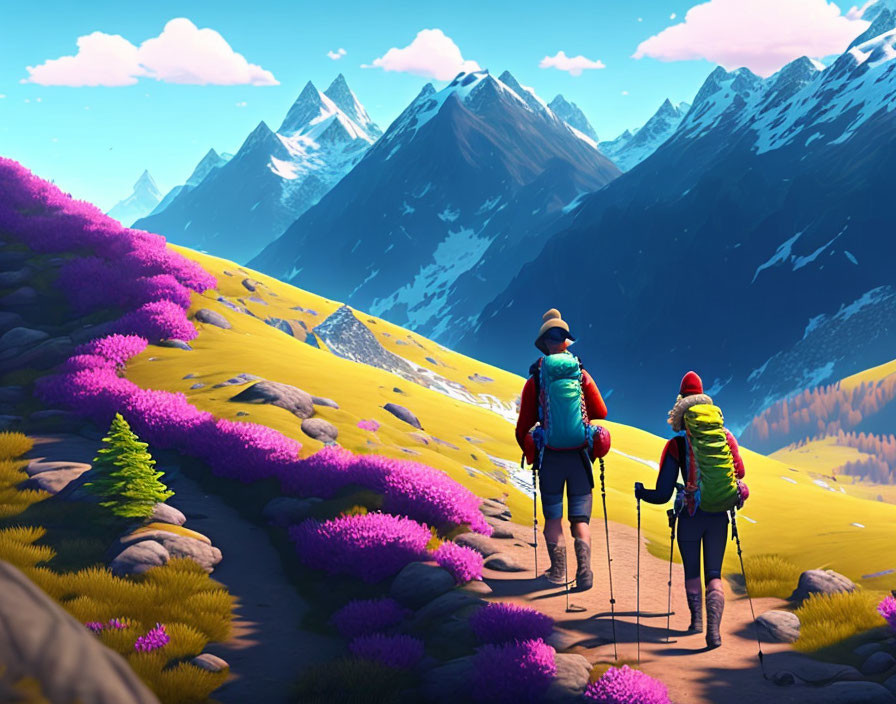 Vibrant mountain landscape with animated hiking characters