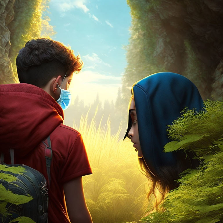 Two youths in red and blue hoodies stand in lush green foliage.