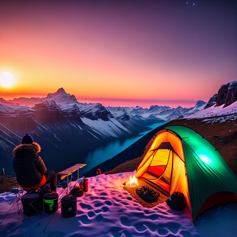 Person sitting by campfire near glowing tent with snowy mountain range at sunset