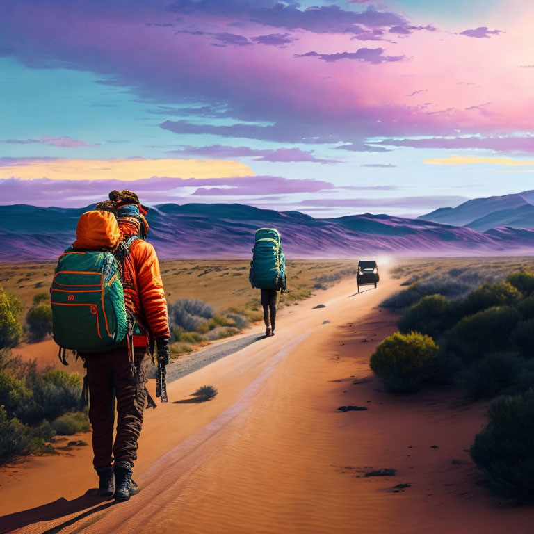 Backpackers walking on desert road at dusk with vehicle in distance