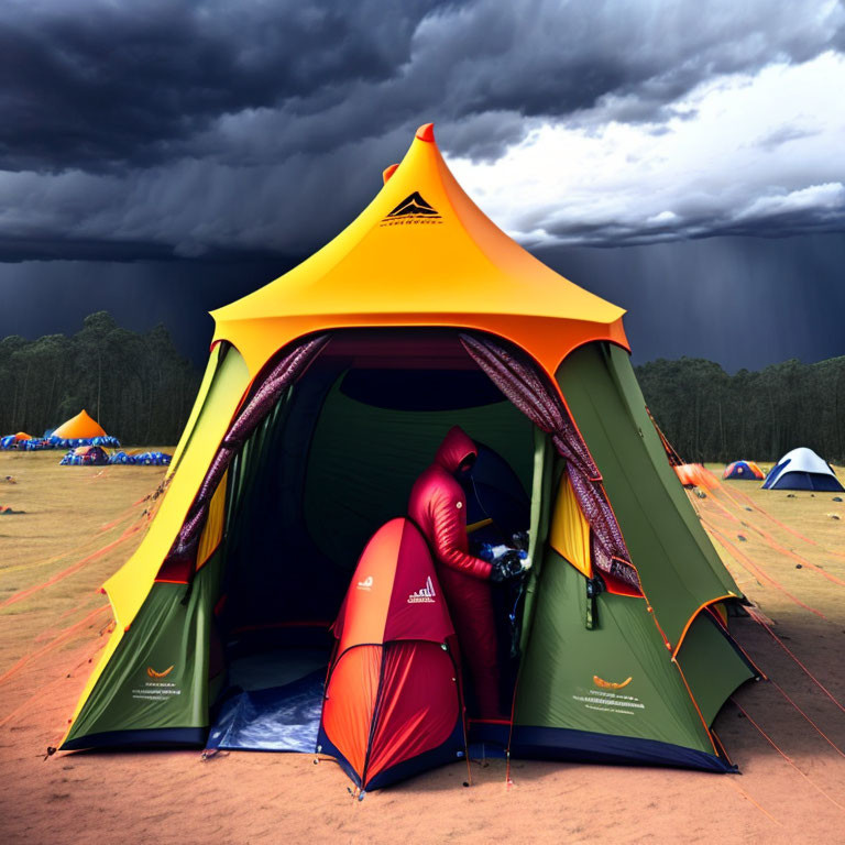 Person in red jacket adjusting gear in large green and yellow tent under stormy sky