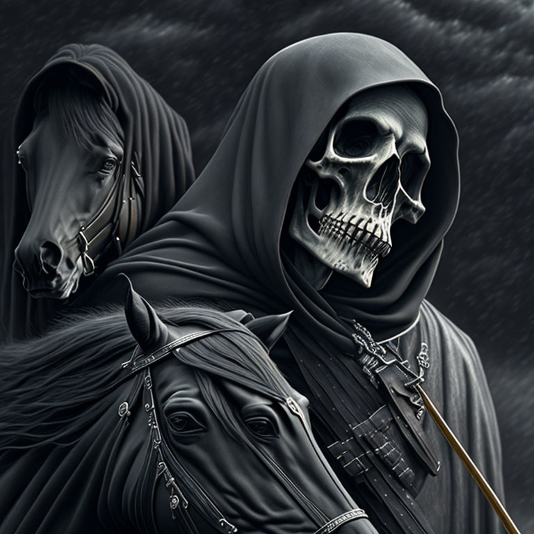 Hooded Figure with Skull Face Riding Horse in Grayscale