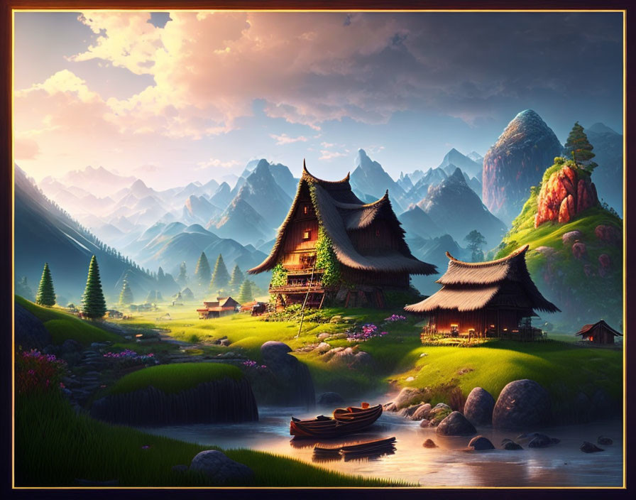 Tranquil Asian-style buildings by river in serene landscape