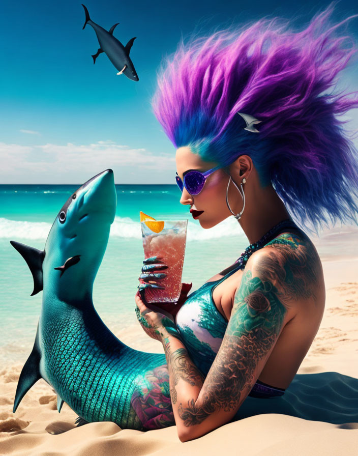 Colorful Punk Woman with Blue Hair Drinks with Mermaid-Like Shark on Beach