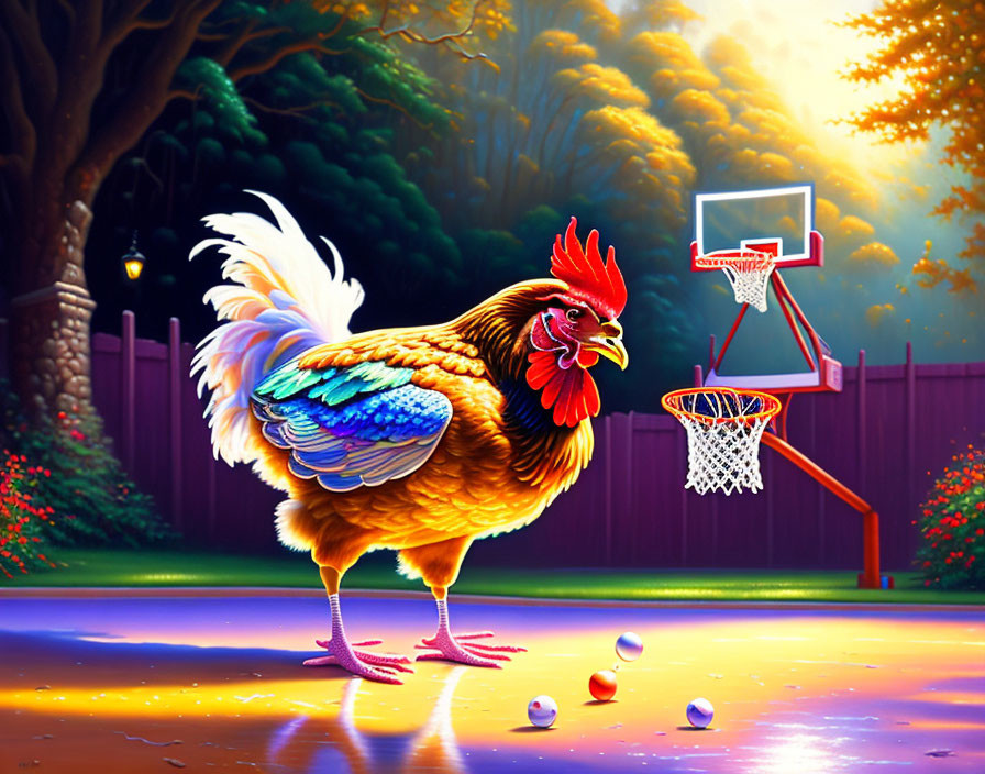 Colorful Rooster on Basketball Court with Eggs and Hoop at Sunset