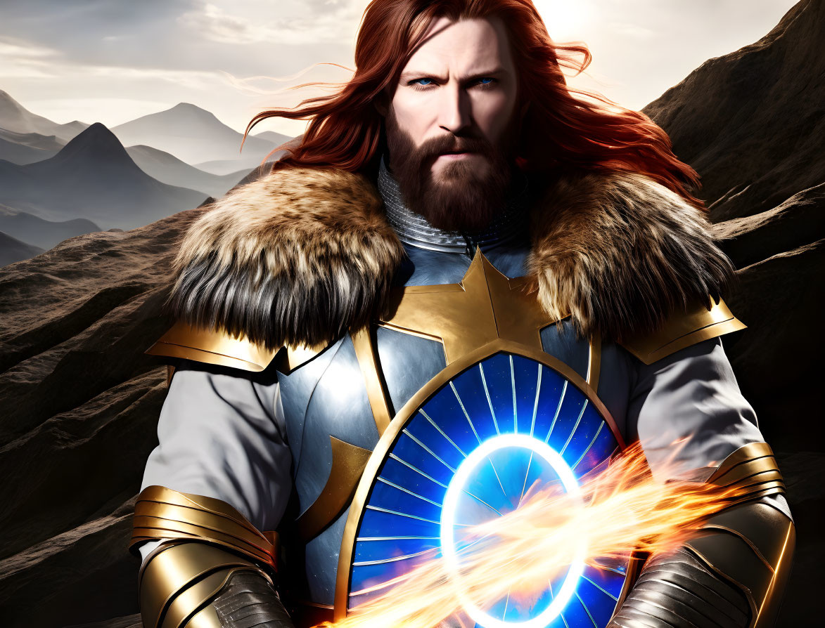 Bearded warrior in armor holding magical object on mountainous terrain