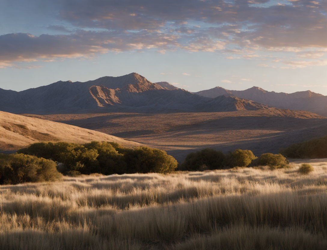 Tranquil landscape with rolling hills, valley, and mountains under golden sunlight